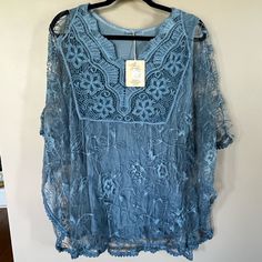 This Brand New Women’s One Size Fits Most Blouse Is Perfect For The Upcoming Season. Two Layered With The Sheer Outer Layer For Comfort! This Is A Handcrafted Piece From Italy Beautiful Hand Designed Blue Pattern. Elegant Light Blue Top For Beach, Blue Casual Lace Top, Casual Blue Lace Top, Elegant Blue Lace Top For Summer, Chic Blue Lace Top For Summer, Blue Bohemian Tunic Top, Blue Tunic Top For Vacation, Blue Long Sleeve Blouse With Lace Top, Chic Blue Blouse With Lace Top