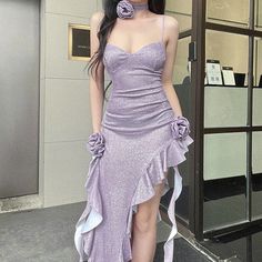 Product information: Pattern: solid color Color: purple Style: Aesthetic/Soft girl/Sweet Size: S.M.L Main fabric composition: SpandexDescription:Introducing our Shiny Ruffle Asymmetric Slit Hem Flower Maxi Dress â€?a captivating blend of... Mode Purple, Flower Maxi Dress, Dress Men, Black White Outfit, Purple Maxi Dress, Purple Maxi, How To Fold Sleeves, Strap Dresses, Outfits Y2k