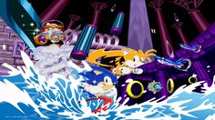 sonic the hedgehog and other cartoon characters in front of an ocean wave