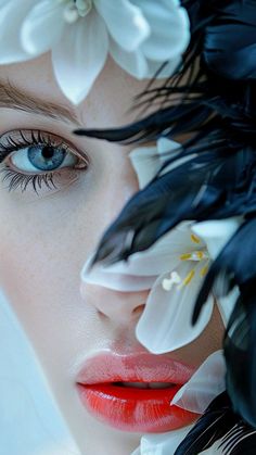 a woman with flowers and feathers on her head is looking at the camera while she has blue eyes