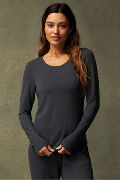 RestoreKnit Long Sleeve Tee Fabletics Charcoal Heather female Activewear >> Womens >> Tops >> Long-Sleeves >> Long-Sleeve Top regular Breathable/Buttery Soft/Lightweight Female Activewear, Active Wear For Women, Long Sleeve Tee, Long Tops, Jersey Fabric, Long Sleeve Tops, Long Sleeve Tees, Sleeve Top, Lounge Wear