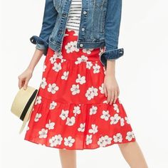 Jcrew Tiered Midi Skirt. Red With Flowers. New With Tags. Size Xxs. Casual Red Skirt For Brunch, Red Bottoms For Brunch, Spring Red Skirt For Brunch, Casual Red Skirt For Vacation, Casual Red Floral Print Skirt, Casual Red Skirt With Floral Print, Red Casual Skirt With Floral Print, Tan Pencil Skirt, White Jean Skirt