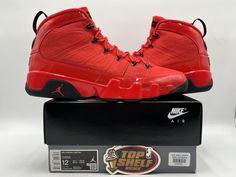 Elevate your sneaker game with the new Air Jordan 9 Chile Red in size 12. This rare and authentic high top sneaker features a striking red colorway, paying homage to the retro style of MJ's OG AJ9. The silhouette of the Jordan 9 Chile Red is perfect for men who want to make a statement with their shoes, whether on the basketball court or on the streets. The Air Jordan 9 Chile Red 2022 is a must-have for athletic shoe collectors, with its brand name, product line, and release year all adding to i Legit Check, Jordan Shoes Retro, Air Jordan 9, Jordan 9, Shoes Retro, High Top Sneaker, Athletic Shoe, Sneaker Games, Red High