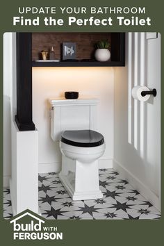 a bathroom with black and white tile flooring next to a toilet in the corner