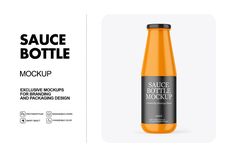 a bottle of sauce mockup with an orange and black label in the middle, on a white background