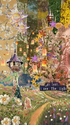 a collage of images with flowers and lights in the background, including an image of a