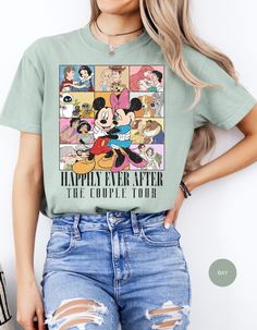 a woman wearing a mickey mouse t - shirt with the words happily after the couple tour on it