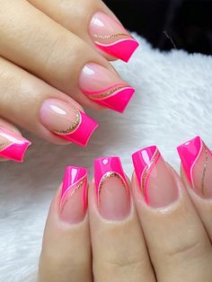 Hot Pink  Collar   Letter Color Nails Embellished   Nail,Hand & Foot Care Bright Pink Nails, Full Cover Nail Tips, Glitter Tip Nails, Nagel Tips, Lines On Nails, Pink Nail Designs, Nail Forms, Girls Nails