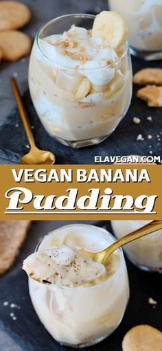 vegan banana pudding in small glass bowls with spoons