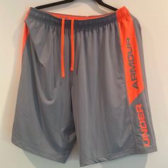 Nwot, Under Armour, Large, Shorts, Gray And Orange. Casual Orange Athletic Shorts For Workout, Orange Athletic Shorts With Elastic Waistband For Sports, Under Armour Athletic Shorts For Summer, Under Armour Summer Shorts With Pockets, Orange Athletic Shorts For Sports, Orange Workout Shorts, Orange Elastic Waistband Sports Shorts, Under Armour Sportswear Shorts, Orange Workout Shorts With Pockets