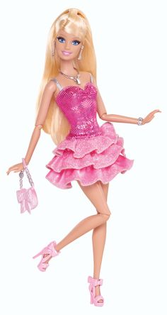 the barbie doll is wearing a pink dress and high heeled shoes, holding a purse