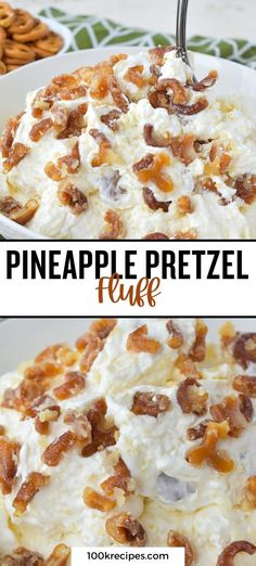 two pictures with the words pineapple pretzel fluff in it and an image of