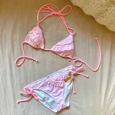 Baby Pink Victorias Secret Set Nwt Never Worn! Features Adjustable Straps And Ruffle Detailing! Bra Pads Are Removable Bottoms Are A Size M, Top Is A S Vs Swimwear, Victorias Secret Set, Vs Swim, Pink Swim, Pink Set, Bra Pads, Victoria Secret Swim, Padded Bras, Baby Pink