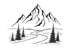 the mountains and trees are drawn in black ink on a white background, with space for text