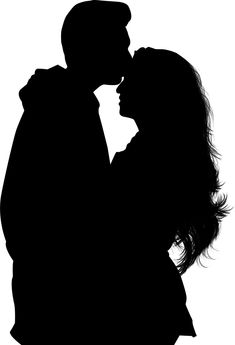 a man and woman kissing in silhouette against a white background