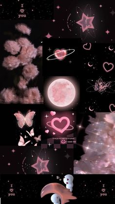 a collage of pink and black images with hearts, stars, and other things