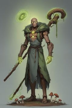 an image of a man with green hair holding two wands and standing in front of mushrooms