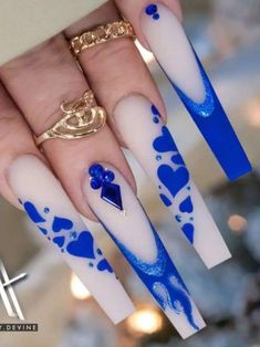 Blue Coffin Nail Designs, Blue And Silver Nails, Coffin Nail Designs, Blue Coffin Nails, Royal Blue Nails, Black Coffin Nails, Light Blue Nails, Valentine Wishes