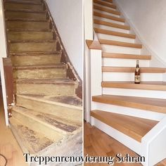 two pictures side by side one with stairs and the other with wood flooring in it