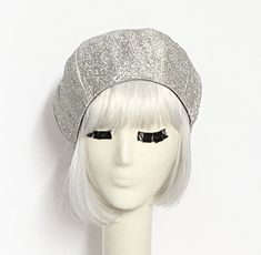 "Beret hat is made with vintage silver metallic knit fabric, lined in rayon print, the top of the hat has 6 section crown and has 1\" soft elastic band inside. One size fits most up to 22\" Made in USA Hand wash / dry" Elegant Flat Cap For Party, Silver Party Hat, One Size Fits Most, Silver Party Hat One Size Fits Most, Elegant Party Hat One Size, Elegant Fitted Beret For Parties, Elegant Party Hat, Trendy Silver Party Hat, Elegant Adjustable Beret For Parties, Beret Hat Bow