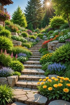 an outdoor garden with stone steps and flowers