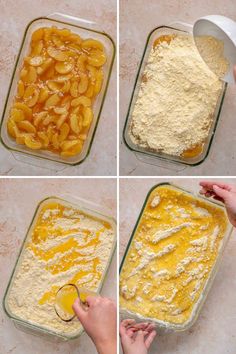 four pictures showing how to make peach cobbles in a casserole dish with the toppings mixed together