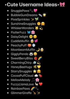 a black background with many different types of emoticions on it and the words cute username ideas