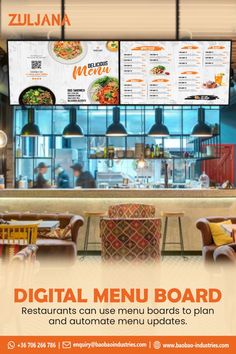 an advertisement for a restaurant with menus on the wall and chairs at the counter