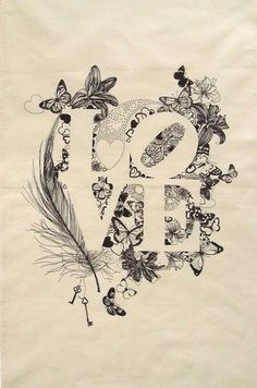 the word love is surrounded by butterflies, flowers and plants in black and white ink