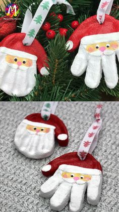 handprinted santa ornaments hanging from a christmas tree with red and white decorations on it