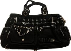 Alternative Style Concert Bag With Adjustable Strap, Gothic Black Shoulder Bag With Adjustable Strap, Alternative Style Black Satchel Bag, Black Grunge Shoulder Bag For Concerts, Edgy Black Bags With Silver-tone Hardware, Edgy Black Bag With Silver-tone Hardware, Black Alternative Style Bags, Edgy Black Bag With Hardware, Edgy Black Bags With Hardware