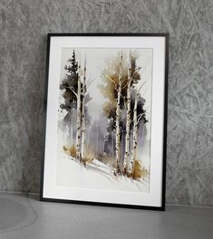 a watercolor painting of trees in the snow