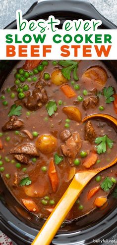 the best ever slow cooker beef stew in a crock pot with a wooden spoon