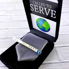 LDS Missionary Tie Clip Gift - Personalized - CTR - Called To Serve - Young men - Priesthood - custom box - optional stamping #LdsMissionaryGift #MissionaryBirthday #CalledToServe #LdsMissionaryTie #MissionaryChristmas #MormonMissionary #YoungMenGift #Priesthood #LdsBoyTieClip #MissionaryTieClip Presents For Missionaries, Missionary Necklaces, Missionary Gifts Paper Paisley, Missionary Gifts Before They Leave, Baptism Gifts For Boys, All Caps Font, Missionary Gifts, Boy Baptism, Clip Cards