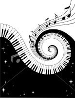 an abstract music background with piano keys and musical notes in the shape of a spiral