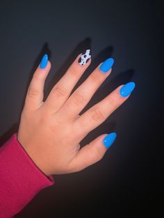 Almond Nails Designs Turquoise, Turquoise Nails Acrylic Almond, Royal Blue Western Nails, Blue Cow Print Nails Acrylic, Blue Nails With Cow Print, Almond Cow Print Nails