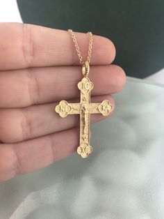 "✪ Please check the dimensions to be sure about the size! Dimensions: cross height: 4.1 Centimeters (include the loop) / 3.5 cm (without the loop) cross width: 2.6 Centimeters Chain No1: 0.8mm thickness Chain No2: 2mm thickness Express Shipping with DHL courier in your address (about 1-2 business days in Europe & about 4-5 business days worldwide) ---------------------------------------------------------------------------------------------------- Please leave us your telephone number for del 14k Gold Crucifix Necklace For Spiritual Wear, 14k Gold Crucifix Necklace Spiritual Style, Engraved Gold Crucifix Necklace, 14k Gold Crucifix Cross Necklace, Gold Engraved Crucifix Cross Necklace, Gold Engraved Crucifix Necklace, Hallmarked Yellow Gold Cross Necklace, 14k Gold Crucifix Spiritual Jewelry, 14k Gold Spiritual Crucifix Jewelry