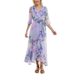 You'll love the fit and feel of this faux wrap maxi dress from Bleecker 126.Click on this WOMEN'S GUIDE to find the perfect fit and more! You'll love the fit and feel of this faux wrap maxi dress from Bleecker 126.Click on this WOMEN'S GUIDE to find the perfect fit and more! FEATURES Surplice neckline Balloon sleeves Ruffled hem Soft woven construction Coordinating sash No pockets Fully linedFIT & SIZING 52 1/2-in. length from shoulder to hem Midi length hits below the knee Back-elastic waistband Faux-wrap silhouette Zipper back closureFABRIC & CARE Polyester Lining: Polyester Hand wash Imported Size: 10. Color: Purple. Gender: female. Age Group: adult. Floral Maxi Dress Wedding, Maxi Dress Wedding Guest, Wrap Maxi Dress, Women Tunic Tops, Maxi Wrap Dress, Balloon Sleeves, Wedding Attire, Modest Dresses, Floral Maxi Dress