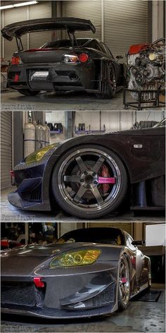 three different views of the front and side of a sports car in various stages of being worked on