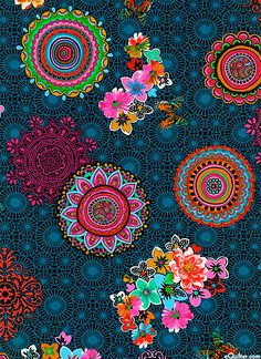 a blue background with many different colored flowers and circles in the shape of flower petals