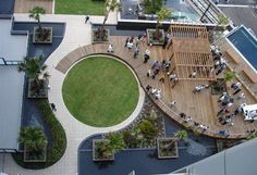 an aerial view of people sitting on benches in the grass near a park and pool