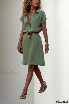 Olivia Mark - Trendy Fashion Loose Fit Solid Color Short Sleeve Dress with Turn-down Collar Casual Khaki Knee-length Dress, Casual Knee-length Khaki Dress, Casual Khaki Dress For Vacation, Casual Khaki V-neck Dress, Casual Olive Knee-length Dress, Casual Olive Dress For Day Out, Casual Green Dress For Work, Casual Olive Dress For Daywear, Casual Green Dresses For Work