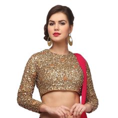 19150 Gold color family Blouse in Satin Silk fabric with Moti, Sequence, Thread work . Long Sleeve Traditional Wear With Sequins For Navratri, Transitional Reception Tops With Resham Embroidery, Long Sleeve Choli For Reception, Transitional Long Sleeve Choli, Mirror Work Tops For Navratri Reception, Mirror Work Tops For Reception Navratri, Navratri Reception Tops With Mirror Work, Mirror Work Tops For Reception And Navratri, Designer Long Sleeve Blouse With Mirror Work