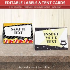 two editable labels and tent cards on a table