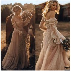 two women in wedding gowns standing next to a horse and one holding a bouquet