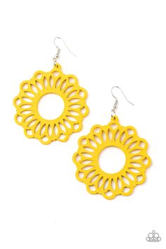 Painted in a sunny yellow finish, an airy wooden frame is cut into a whimsical stenciled pattern for a colorful floral look. Earring attaches to a standard fishhook fitting. Sold as one pair of earrings. P5SE-YWXX-113XX RELEASED 23 OCT 20 Paparazzi Accessories Jewelry, Daisy Yellow, Mobile Boutique, Yellow Daisies, Yellow Earrings, Sunny Yellow, Colored Gems, Paparazzi Accessories, Blue Gems