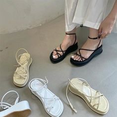 Sandals Women Summer Square Toe Ankle Strap Platform Wedges Ladies Shoes Casual Non-slip Sandals Black Work Shoes, Female Shoes, Party Pumps, Platform Wedge Heels, Girly Shoes, Yellow Shoes, Beige Shoes, White Sandals, Women Sandals