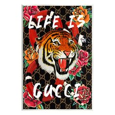 an image of a tiger with roses on it's head and the words gucci