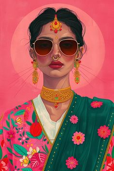 a painting of a woman wearing sunglasses and a green sari with flowers on it