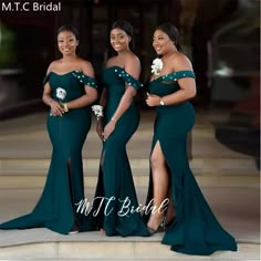 three bridesmaids in green dresses posing for the camera with one woman wearing an off shoulder